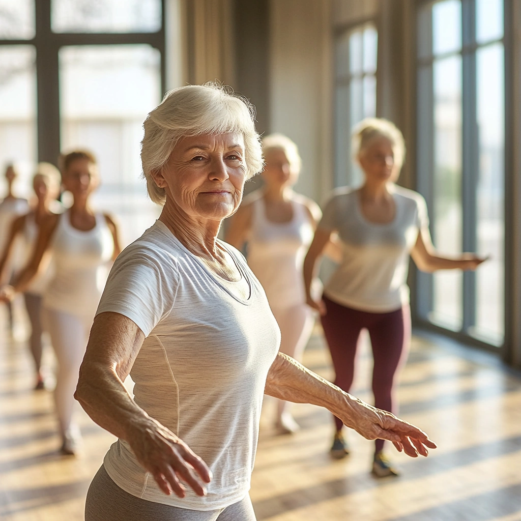 Група літніх людей займається гімнастикою