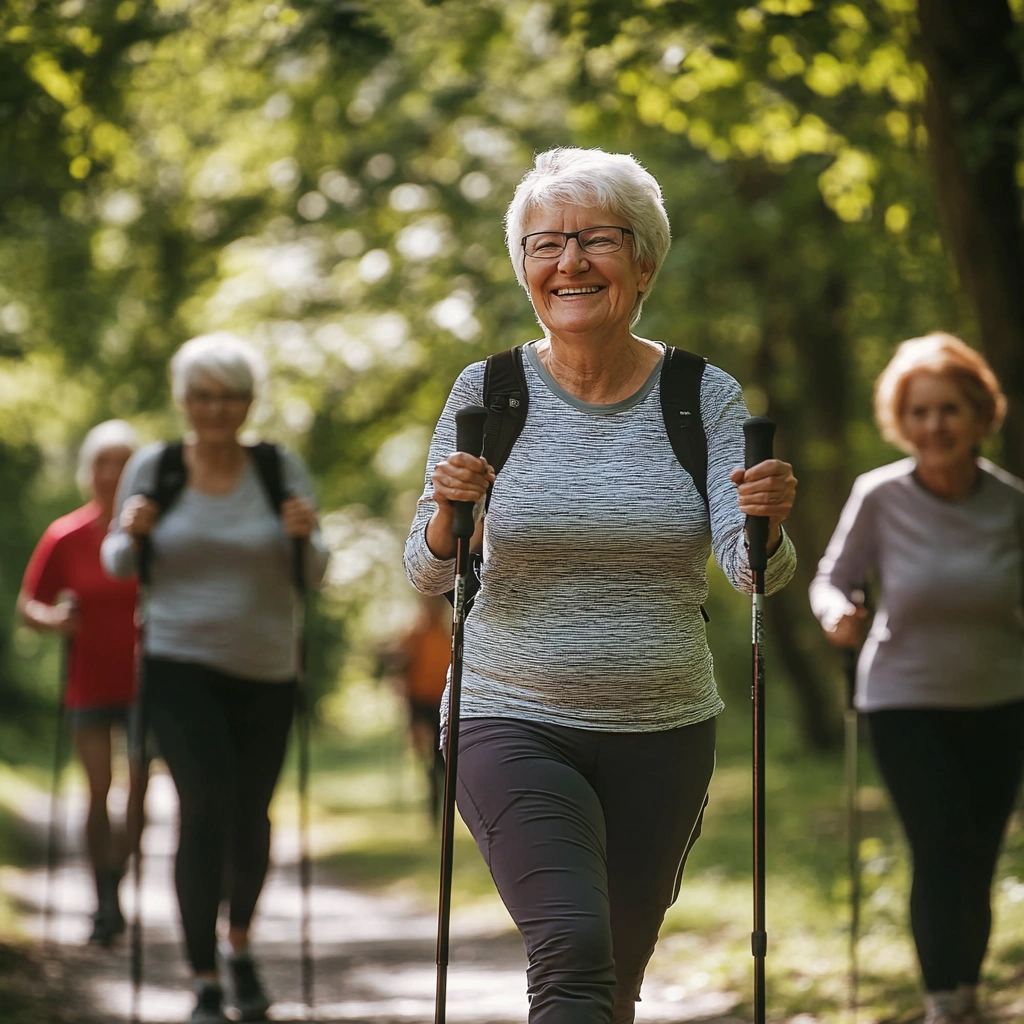 Літні люди займаються скандинавською ходьбою в парку